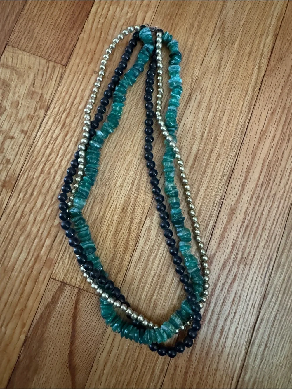 Vintage Multi-Strand Green, Black & Gold Beaded Necklace - Women Jewelry